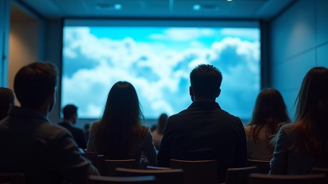 Studenten in einem modernen Hörsaal, die eine Wettervisualisierung auf einer großen Leinwand betrachten