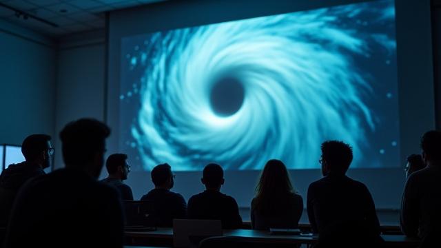 Studenten in einem modernen Hörsaal, die eine Wettervisualisierung auf einer großen Leinwand betrachten