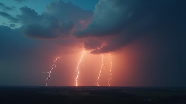 Drohne fliegt über ein Gewittersturm bei Sonnenuntergang