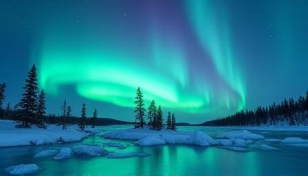 Atemberaubende Aurora Borealis Lichter über einer eisigen Landschaft